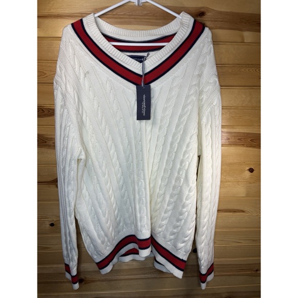 Vineyard Vines Men's  Heritage Varsity V Neck Tennis Sweater Marshmallow XL $228 - Picture 2 of 8